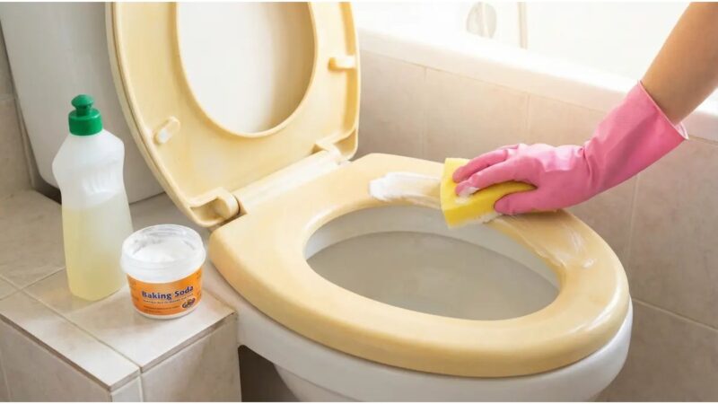 Prodotti per pulire la plastica del WC ingiallita su un tavolo.