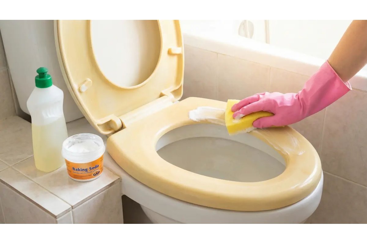 Prodotti per pulire la plastica del WC ingiallita su un tavolo.