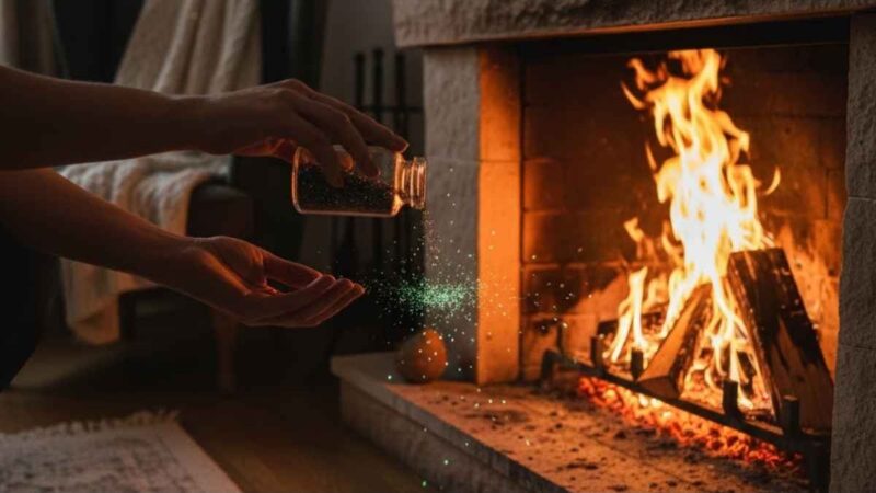Liquido versato in un camino acceso per pulizia automatica della canna fumaria.