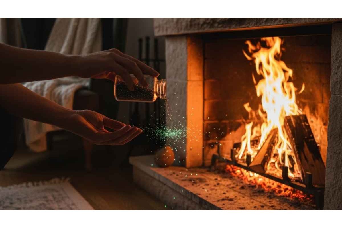 Liquido versato in un camino acceso per pulizia automatica della canna fumaria.
